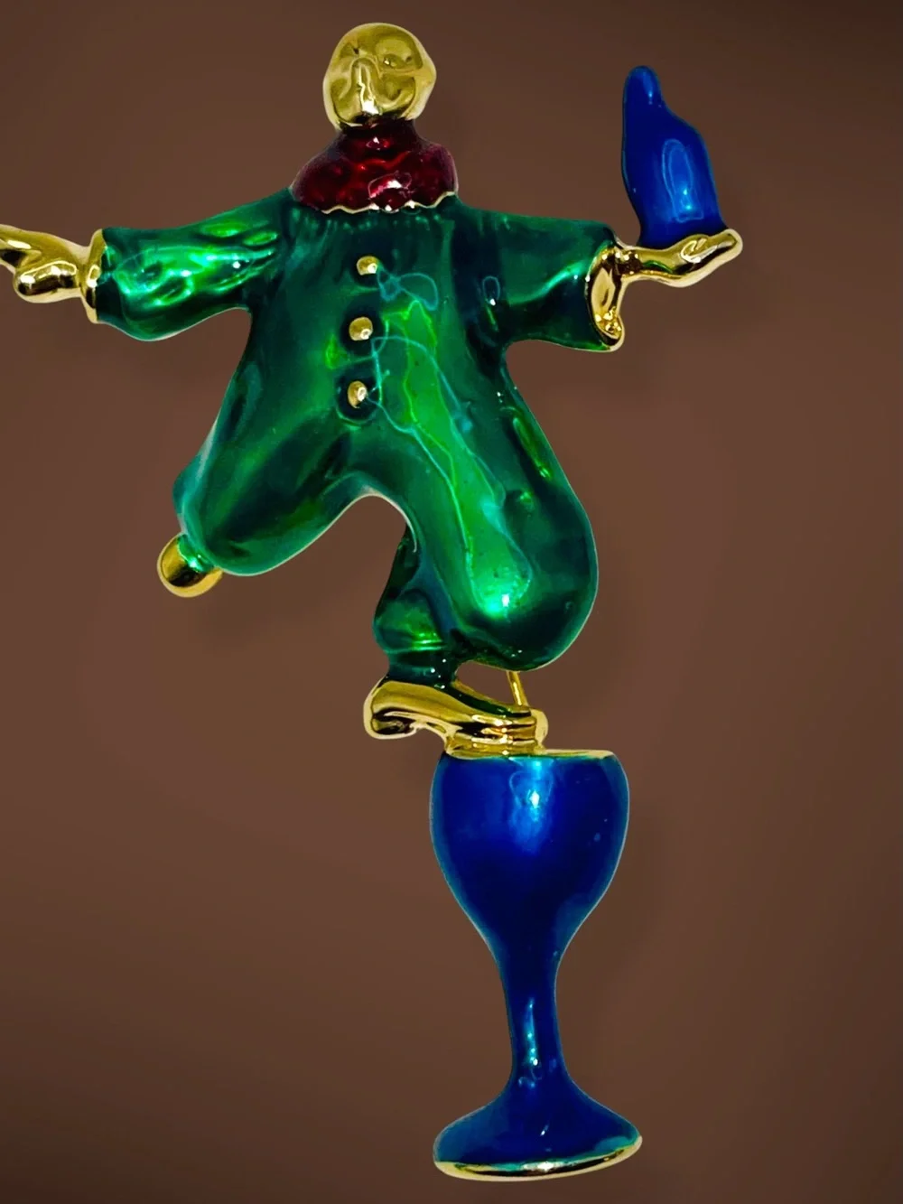 Vintage Enamel Pierrot Clown Champagne Glass Figural Brooch Pin Whimsical Retro